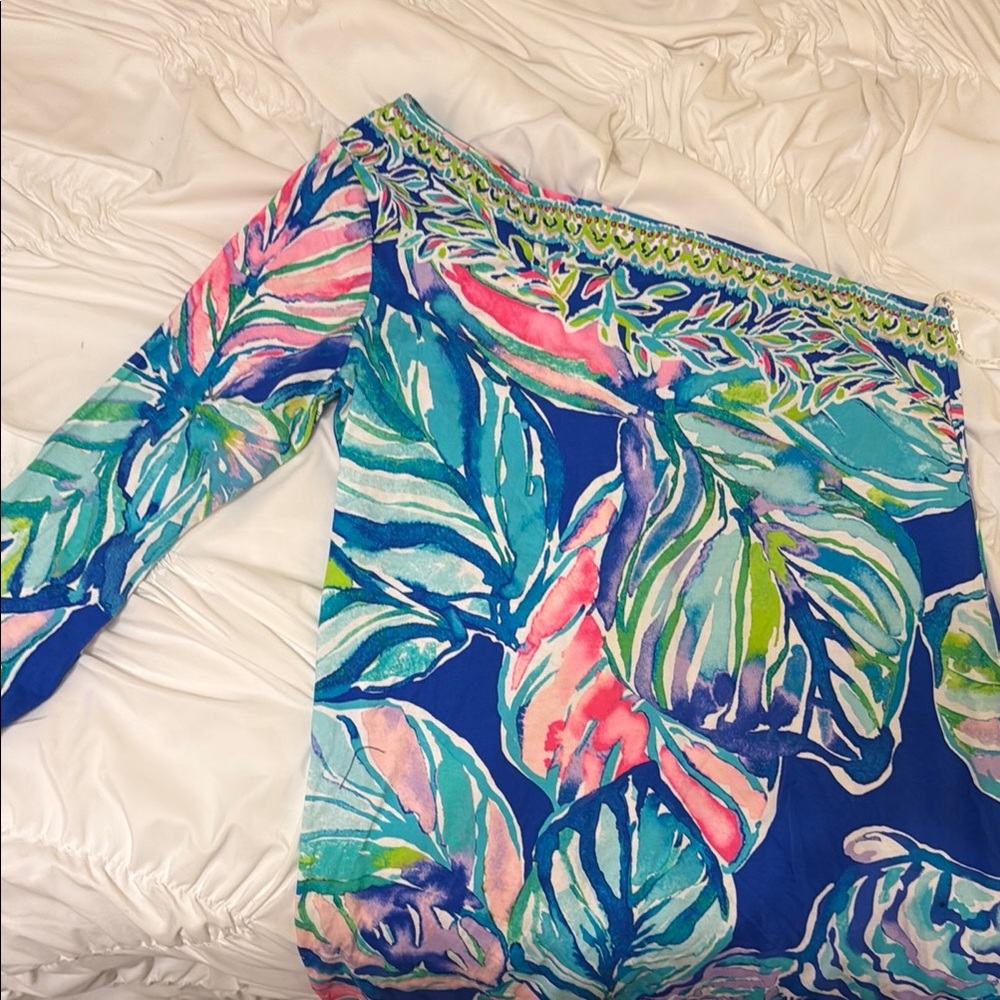 Lilly Pulitzer Blue and Pink Leaf Print One Shoulder Dress